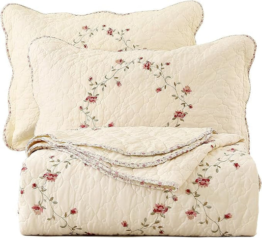 vctops 3-Piece Floral Embroidered Bedspread Coverlet Set Oversize Queen 100% Cotton Reversible Patchwork 1 Quilt and 2 Pillow Shams (Flower,Oversize Queen)