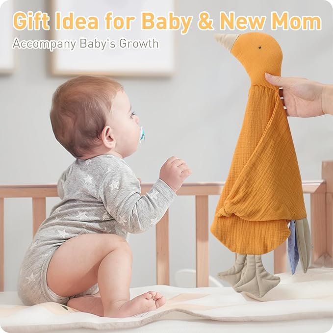 Organic Muslin Cotton Newborn Baby Loveys Security Blanket Soft & Breathable with Tags, Goose Lovies for Baby New Born Boy Girl Unisex Baby Unique Neutral Presents for Babies Newborn Toddler