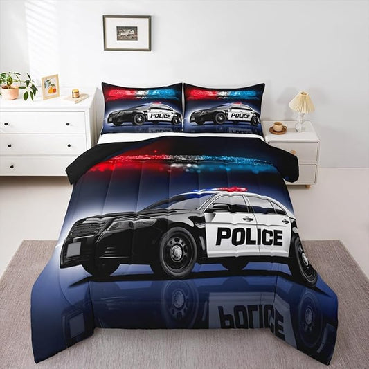 Erosebridal Police Car Comforter Sets Full Size,Policeman Vehicle Bedding Set for Kids Boys Children,Red Blue Cop Lights Down Comforter Geometric Graphics Duvet Sets Bedroom Decor with 2 Pillow Cases