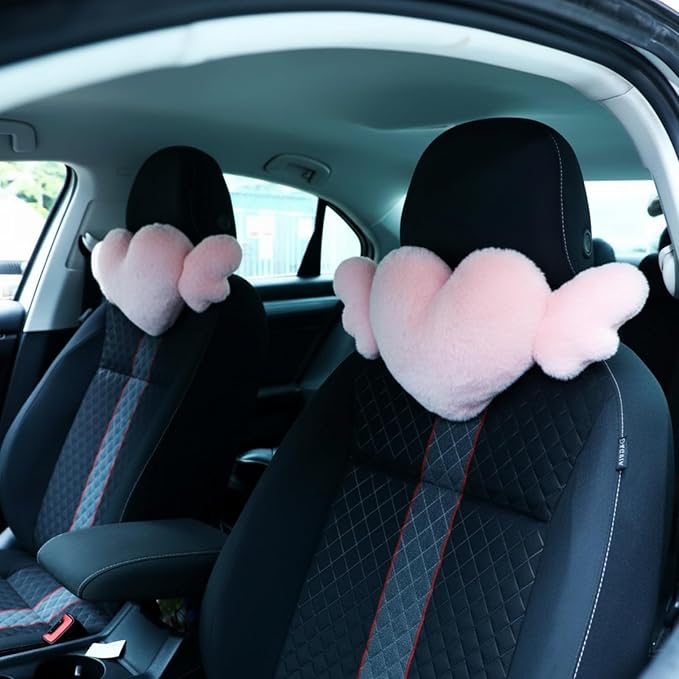 Macarrie 2 Pcs Plush Heart Shaped Pillow with Angel Wings Car Headrest Soft Comfortable Car Seat Pillow for Driving Travelling Room Office Car Decor, 19.7 x 8.3 Inch(Rose Red)
