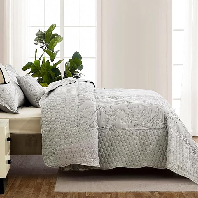 Botanical Oversized Bedspread Queen Size - Leaves Pattern Stitching Quilt Set - Elegant & Fresh Style Bedding Coverlets, Reversible, Lightweight, 5 Piece, Grey