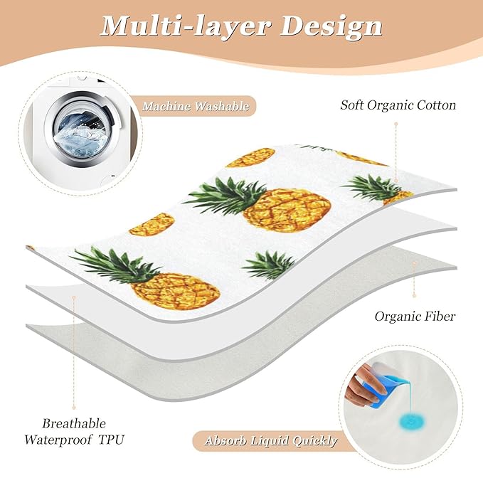 Waterproof Bed Pad Reusable Changing Pad Toddler Mattress Protector Large Pee Pad Baby Diaper Pad Soft Washable Liner White Pineapple