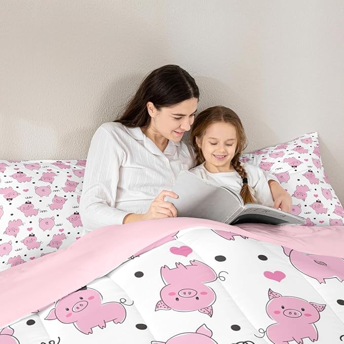 Erosebridal Pink Pig Comforter Set for Girls Kawaii Room Decor Twin,Cute Pigs Bedding Set for Kids Boys Children Farm Animal Quilted Duvet Sets Cartoom Style Soft Lightweight Down Comforter 2 Pcs