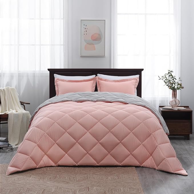 Basic Beyond Queen Comforter Set - Pink and Grey Comforter Set Queen, Reversible Bed Comforter Queen Set for All Seasons, Baby Pink/Grey, 1 Comforter (88"x92") and 2 Pillow Shams (20"x26"+2")