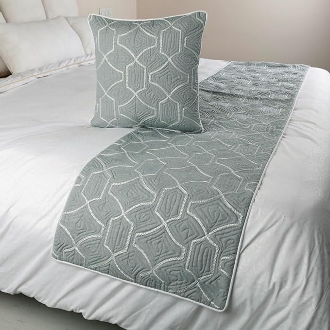 The HomeCentric King Queen Twin Grey Blue Bed Runner with Decorative Throw Pillow Cover, Queen Size 74"x18" Bed Runner with Pillow Cover, Linen Quilted Embroidery, Modern Contemporary - Atmosphere