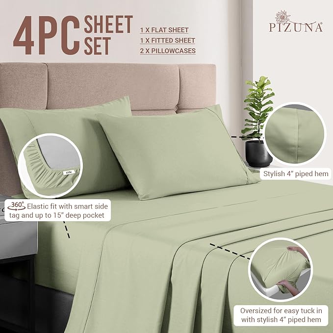 400 Thread Count Sheet Set,100% Long-staple Cotton Light Sage Queen Sheets, Sateen Weave Bed sheets, fit upto 17 inch Deep Pockets, 4Pc Set by Pizuna Linens (Light Sage Queen 100% Cotton Sheets)