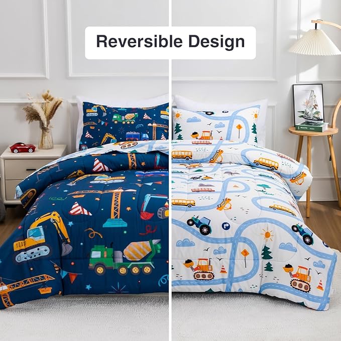 Holawakaka Trucks Tractors Cars Boy Bedding Comforter Set with Sheets, Twin Size Cartoon Construction Car Excavator Print Kids Bed in A Bag 5-Piece, Boys Reversible Dorm Bed Sets (Navy Blue Twin)
