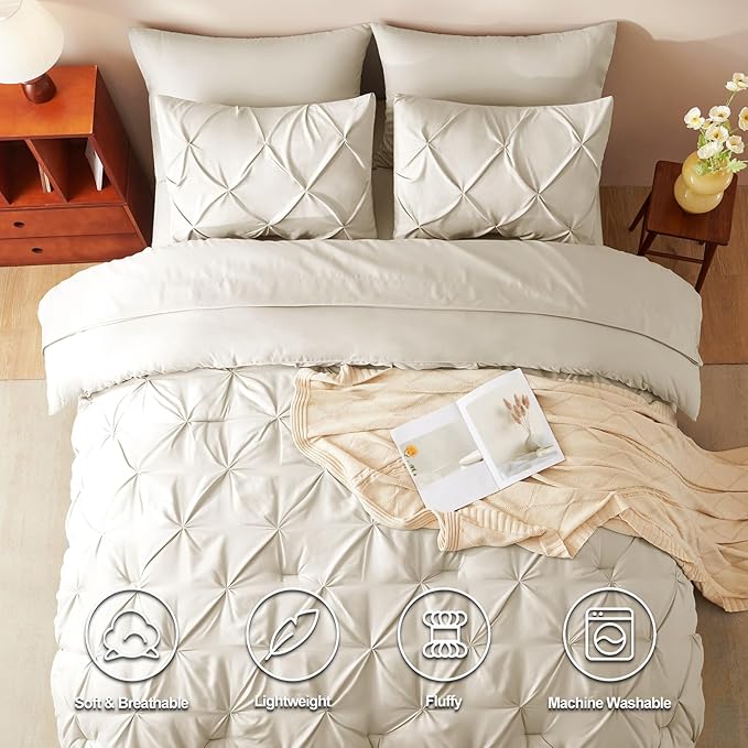 California King Comforter Set Beige, 7 Pieces Pintuck Bed in A Bag Cal King Size Bedding, Soft Bed Set All Season Pinch Pleat Comforter Set with Sheets, Pillowcases & Shams