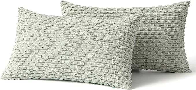MIULEE Pack of 2 Decorative Lumbar Throw Pillow Covers 12x20 Inch Soft Boho Striped Textured Corduroy Pillow Covers Modern Farmhouse Home Decor for Couch Bed Sofa Living Room Light Green
