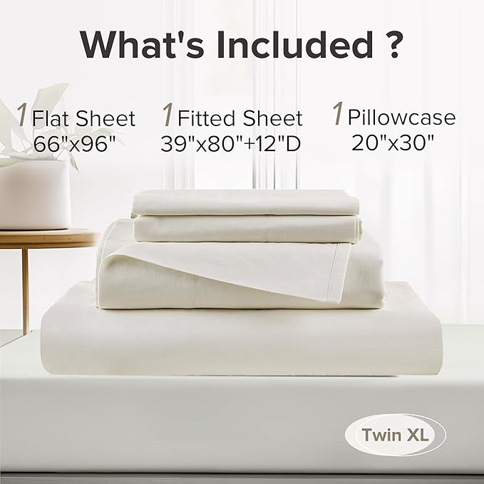 Comfort Spaces 100% Cotton Sheets Twin XL, Breathable, Soft Cotton Sheets, Naturally Cool Cotton Bed Sheets with 12" Elastic Pocket Fits up to 14" Mattress, All Season Sheet Set, Twin XL Ivory 3 Piece