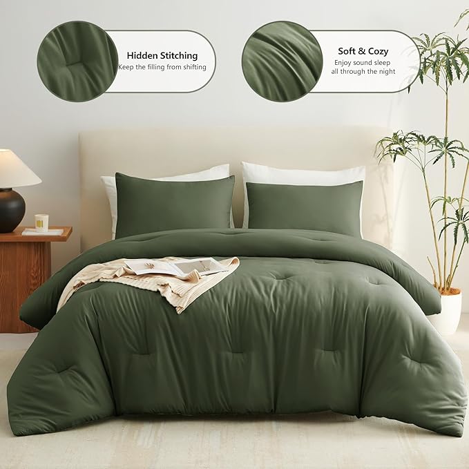 CozyLux Oversized King Comforter Set Olive Green, 3 Pieces 120x98 Solid Breathable Quilted Style Bedding Sets All Season, Luxury Soft Down Alternative Comforter Bed Set (1 Comforter & 2 Pillowcases)