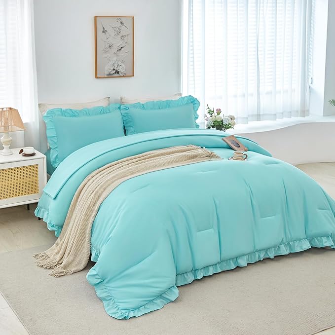 ANGIYUIN 5Pcs Queen Size Ruffled Comforter Sets Aqua Blue Ruffle Bedding Sets Farmhouse Bed Sets Solid Elegance Bed in A Bag for Girls Women（Aqua Blue Queen）