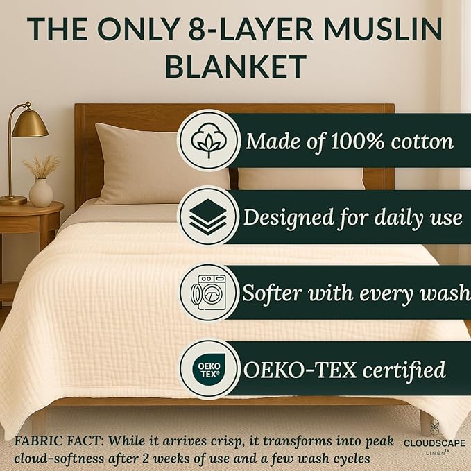 Cloud Scape Linen 8-Layer Muslin Blanket Queen Size - 100% Cotton, Soft and Breathable, Oversized Winter Blanket, Fits up to Full Size Bed, 92x92, Ivory
