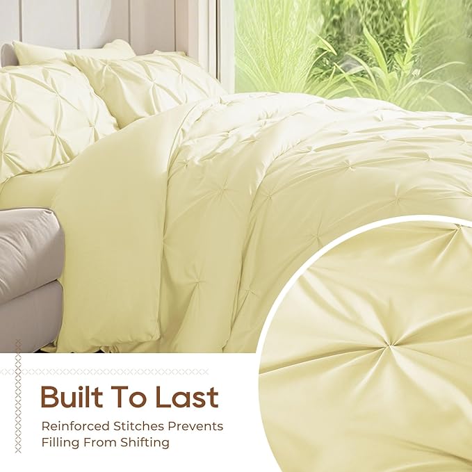 Sasttie California King Comforter Set, 7-Piece Bed in a Bag, Pintuck Bedding Sets for All Season, Includes Comforter, Flat Sheet, Fitted Sheet, Pillowcases and Pillowshams, Cream Yellow