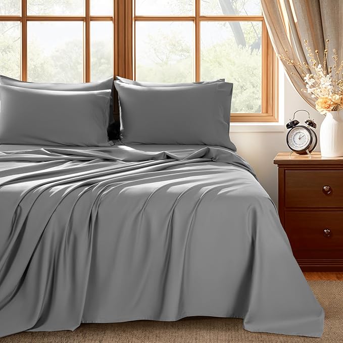 Shilucheng 100% Egyptian Cotton Queen Size Sheets Set - 1000 Thread Count，Luxury Cotton Bed Sheets，Breathable & Cooling Bedding and Pillow Cases, 16 Inch Deep Pocket - 6 Piece (Grey, Queen)