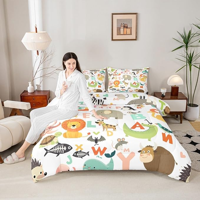 Feelyou Kids Cartoon Wild Animals Bedding Set for Girls Boys Nursery Letter Comforter DecorWildlife Decor Comforter Set Nature Vibrant Colorful Duvet Set Twin Size Quilt Boys