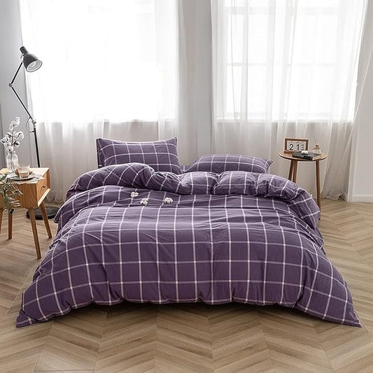 FACE TWO FACE Bedding Duvet Cover Set100% Washed Cotton Duvet Cover Linen Like Textured Breathable Durable Soft Comfy (California King, Purple Grid)