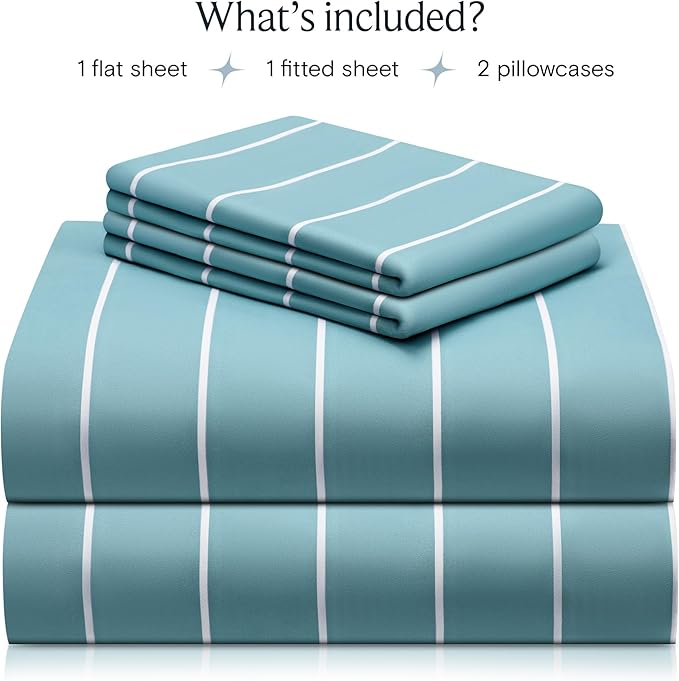 LuxClub 4 PC Full Size Sheet Set, Breathable Luxury Bed Sheets, Deep Pockets 18" Wrinkle Free Cooling Machine Washable Hotel Bedding (Striped Light Blue)