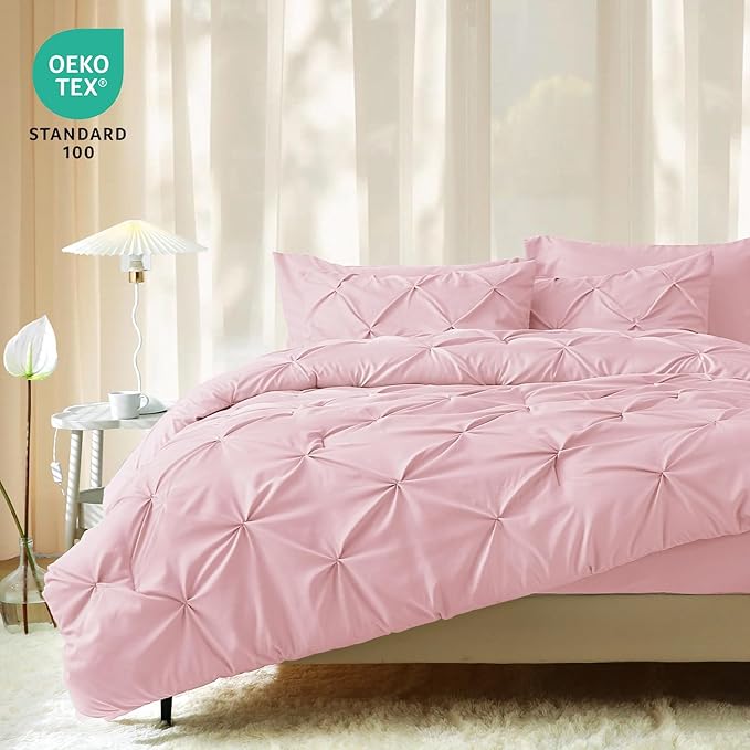 JOLLYVOGUE Queen Comforter Set 7 Pieces - Bed in a Bag Queen for All Season, Pintuck Bedding Comforter Sets with Comforter, Flat Sheet, Fitted Sheet and Pillowcases & Shams, Baby Pink