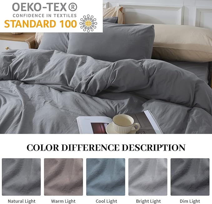 NEXHOME PRO Duvet Cover Set 100% Washed Cotton Full Size Linen Feel Textured Organic Natural 3 Pieces Bedding Set with Zipper Closure and Corner Ties, Breathable and Soft (Grey, No Comforter)