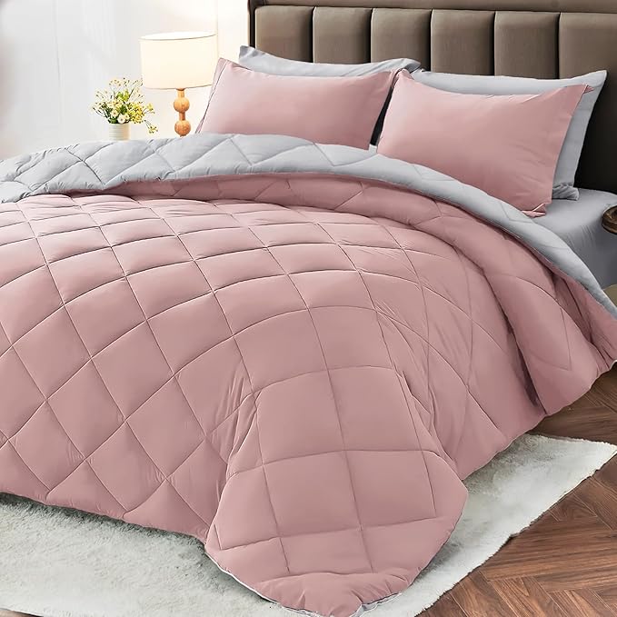 MUXHOMO 7 Pieces Full Comforter Set, Reversible Bed in a Bag Full Size, All Season Bedding Set with Comforter, Flat Sheet, Fitted Sheet, Pillowcases & Shams, Pink & Light Grey