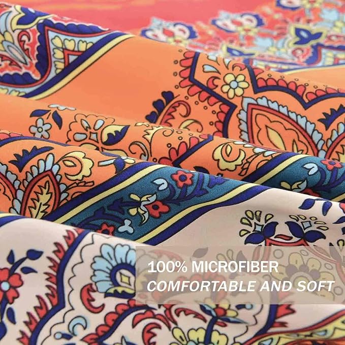 Nanko Twin XL Size Duvet Cover Set Boho Red Blue Colorful Retro Striped Print Luxury Soft Microfiber Bedding Comforter Cover with Zipper Ties - Bohemian Western Bed Sets for Men and Women 2pcs 68 x 90