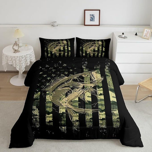 Feelyou Bass Fish Comforter Set Twin Size Fisherman Camouflage Bedding Set Pike Fish Camo American Flag Comforter for Women Men Fsihing Lover Room Farmhouse Fishing Bed Set Wild Quilted Set 2Pcs