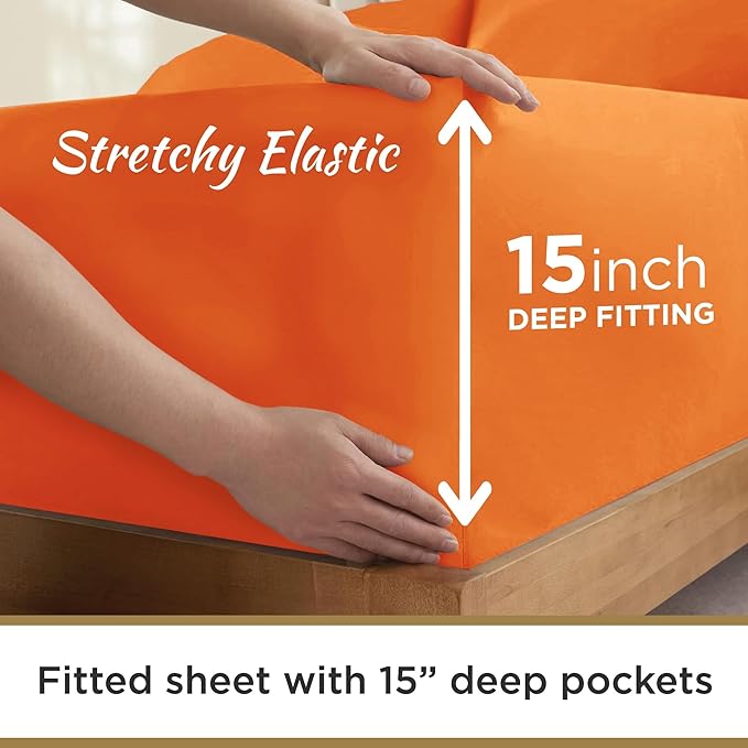 Twin XL 100% Microfiber Double Brushed Sheet Set - Extra-Soft & Wrinkle-Free - 15" Deep Pockets, 39" x 80" - Ideal for Dorms, Hospitals & Split King Beds - 3 PC Set (Twin XL, Orange)