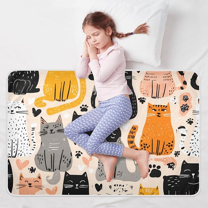 Waterproof Bed Pad Reusable Changing Pad Toddler Mattress Protector Large Pee Pad Baby Diaper Pad Soft Washable Liner Cute Beige Cat