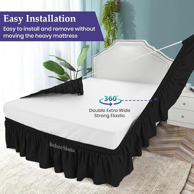 Wrap Around Bed Skirt 11" Inch Drop 100% MicrofibreFabric 1-Piece Bed Skirt Easy Fit Easy Care Fade & Wrinkle Resistant - Twin Size (39"X75"), Black Color