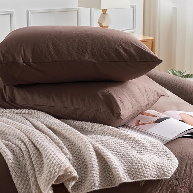 NEXHOME PRO Oversized King Duvet Cover Set, 100% Certified Organic Cotton with Washed Feel & Linen-Like Texture, Comfortable & Breathable, Home Bedding Set Dark Brown (No Comforter)