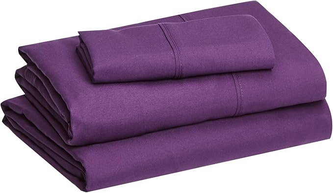 Amazon Basics Lightweight Super Soft Breathable Wrinkle-Free Microfiber 3-Piece Bed Sheet Set with 14-Inch Deep Pockets,Twin,Plum,Solid,(Pack of 4)