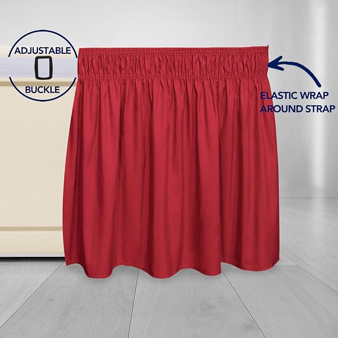 PureFit Wrap Around Ruffled Bed Skirt with Adjustable Elastic Belt - 14 Inch Drop Easy to Put On, Wrinkle Free Bedskirt Dust Ruffles, Bed Frame Cover for Queen, King and C-King Size Beds, Red