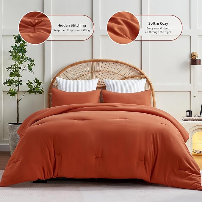 CozyLux Terracotta Full Size Comforter Set, 3 Pieces Burnt Orange Rust Solid Breathable Quilted Bedding Sets, Luxury Fluffy Soft Bed Set with Down Alternative Comforter and 2 Pillowcases All Season