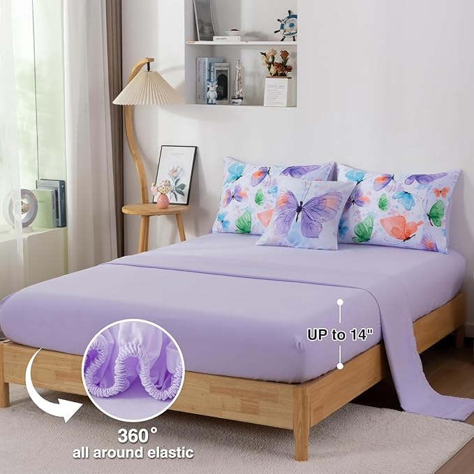 A Nice Night 6pcs Bed in A Bag Watercolor Ink Wash Tie-Dye Butterfly Flying Printed, Butterflies Bedding Comforter Set, Purple Green Twin