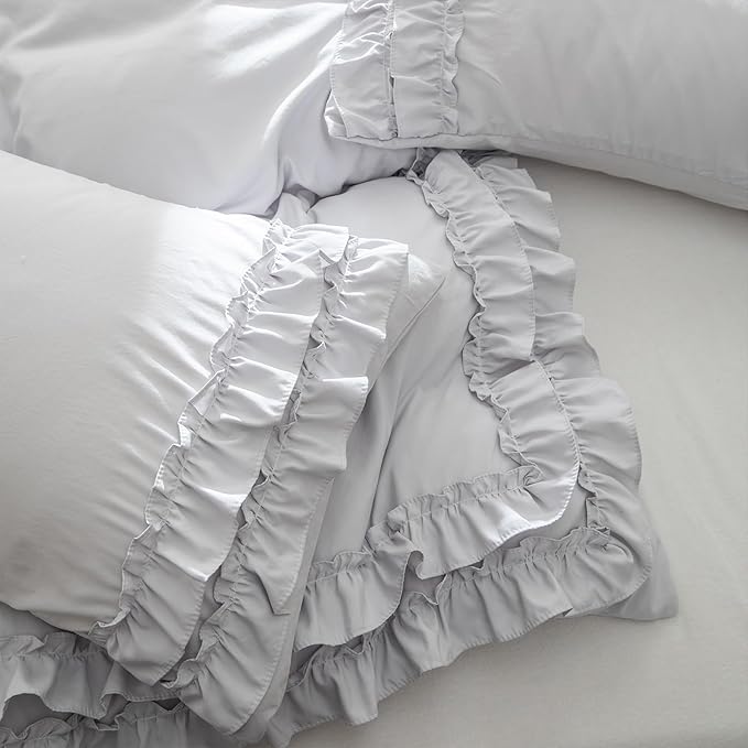 Bedorm Gray Duvet Cover Set Queen Ruffle Bedding Set Pleat Ruffled Shabby Chic Comforter Cover Extra Soft & Easy Care Gray Boho Duvet Cover with Zipper Closure