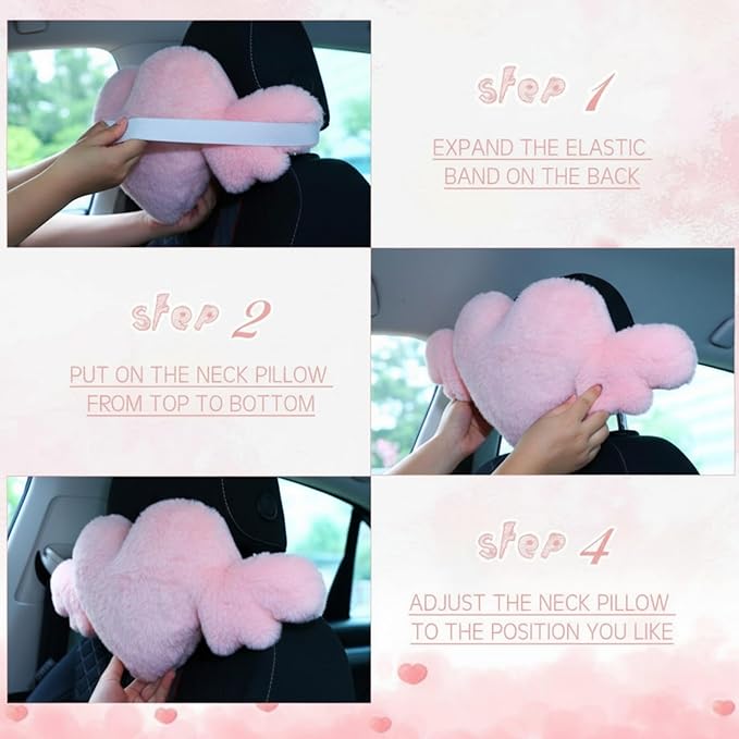 Macarrie 2 Pcs Plush Heart Shaped Pillow with Angel Wings Car Headrest Soft Comfortable Car Seat Pillow for Driving Travelling Room Office Car Decor, 19.7 x 8.3 Inch(Rose Red)