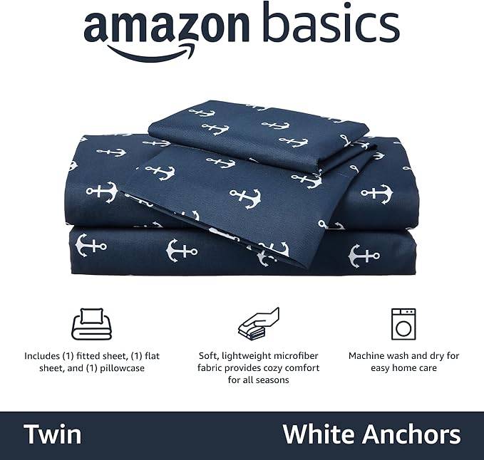 Amazon Basics Kid's Breathable Soft Microfiber 3-Piece Sheet Set, Easy-Wash, Machine Washable, Twin, White Anchors, Printed