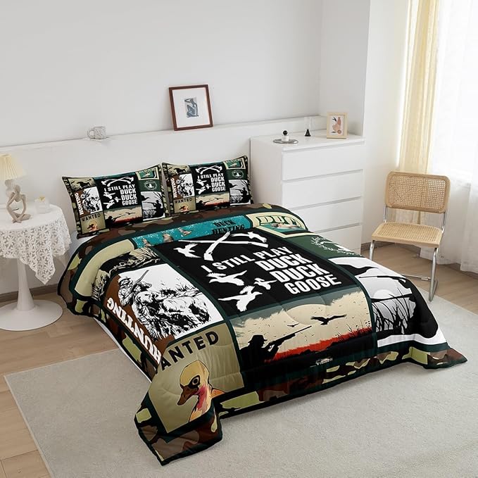 Feelyou Kids Duck Hunting Comforter Set Full Size, Green Duck Bedding Set Hunting Fishing Comforter for Kids Boys Girls Wildlife Duvet Insert Room Decor with 2 Pillow Case