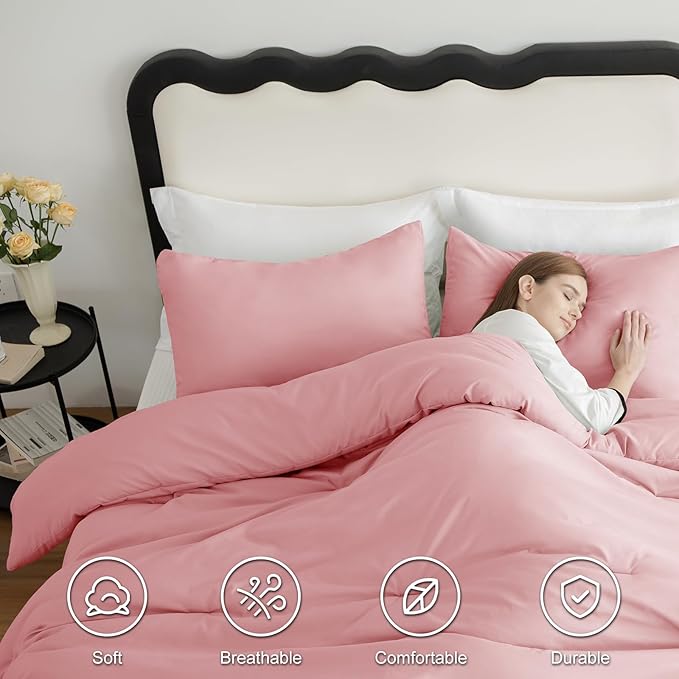 CozyLux King Size Comforter Set Pink, 3 Pieces Solid Comforters King Size Breathable Quilted Bedding Sets, Luxury Soft Bed Set with Down Alternative Comforter All Season (1 Comforter & 2 Pillowcases)