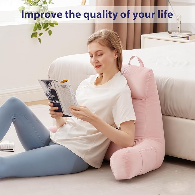 Back Pillow for Bed Sitting up, Reading Pillow for Sitting in Bed Adult, Back Support Pillow, Memory Foam Sit up Lounge Backrest Pillow with Arms for TV, Couch, Chair, Dorm, 24 Inch, Pink