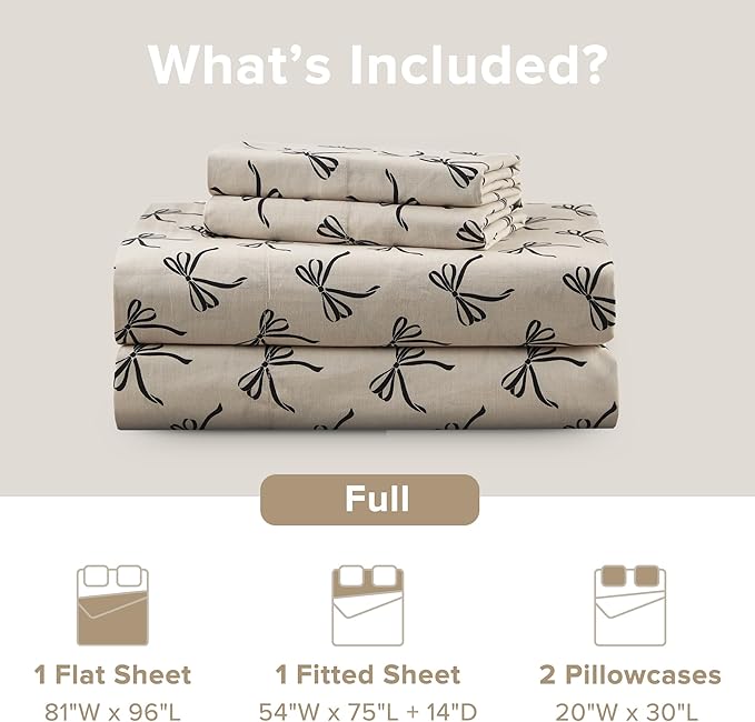 Comfort Spaces 100% Cotton Sheets Full, Breathable, Naturally Cool Cotton Sheets, Soft Cotton Bed Sheets with 14" Elastic Pocket Fits up to 16" Mattress, All Seasons Sheet Set, Bow Black/Taupe 4 Piece
