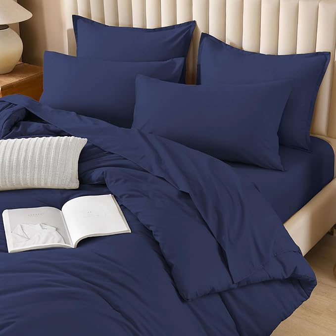 Litanika Queen Comforter Set Navy Blue - 7 Pieces Bed in a Bag Queen Bedding Comforter Sets, Solid Lightweight Bed Set with Comforter, Sheets, Pillowcases & Shams