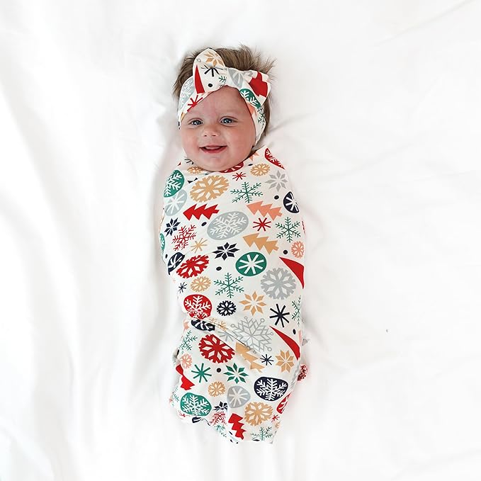 Little Sleepies Swaddle & Headband Bow Set, Viscose from Bamboo Baby Swaddles, Newborn Baby Girl Clothes (Luxe Modern & Merry)