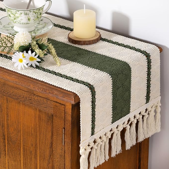 Socomi Boho Table Runner Easter Spring Farmhouse Rustic Dining Kitchen Centerpiece Decor Small Macrame Woven Cotton Linen Coffee Table Runner for Dresser Scarf Home Decor 12x48 inch Olive Green