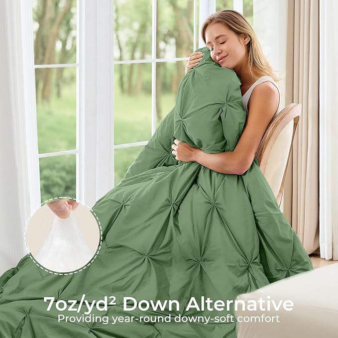 Sasttie King Size Comforter Set, 7-Piece Bed in a Bag, Pintuck Bedding Set for All Season, Includes Comforter, Flat Sheet, Fitted Sheet, Pillowcases and Pillowshams, Green