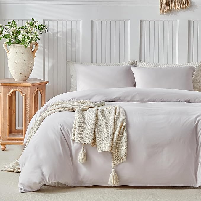 Lekesky Queen Size Duvet Cover Set, Light Linen Duvet Cover, Ultra-Soft Microfiber 3 Pieces Comforter Cover with Zipper and Corner Ties, Includes 2 Pillowcases 20"x26"
