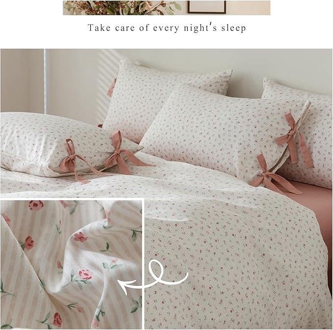 HighBuy Girl Duvet Cover Twin XL Botanical Flower Coquette Bedding Set Vintage Style Garden Floral Duvet Cover Twin XL with 2 Bowknot Bow Tie Pillowcases Soft Cotton Comforter Cover Set
