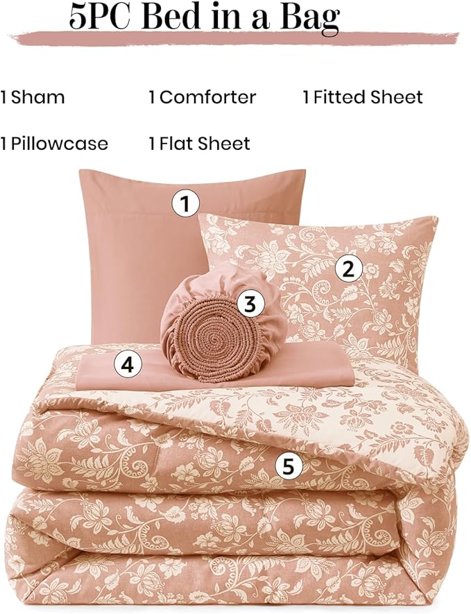 Twin XL Comforter Set -5 Pieces Floral Clay Pink Bedding Set for All Seasons, Bed in a Bag with Botanical Flowers Comforter, Sheets, Pillowcase & Sham