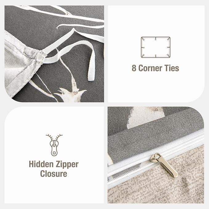 Lekesky Grey Duvet Cover Set Queen Size, Reversible Vintage Print Comforter Cover Queen Size 3pc, Soft 100% Washed Microfiber Grey Bedding Sets with Zipper Ties and 2 Pillowcases